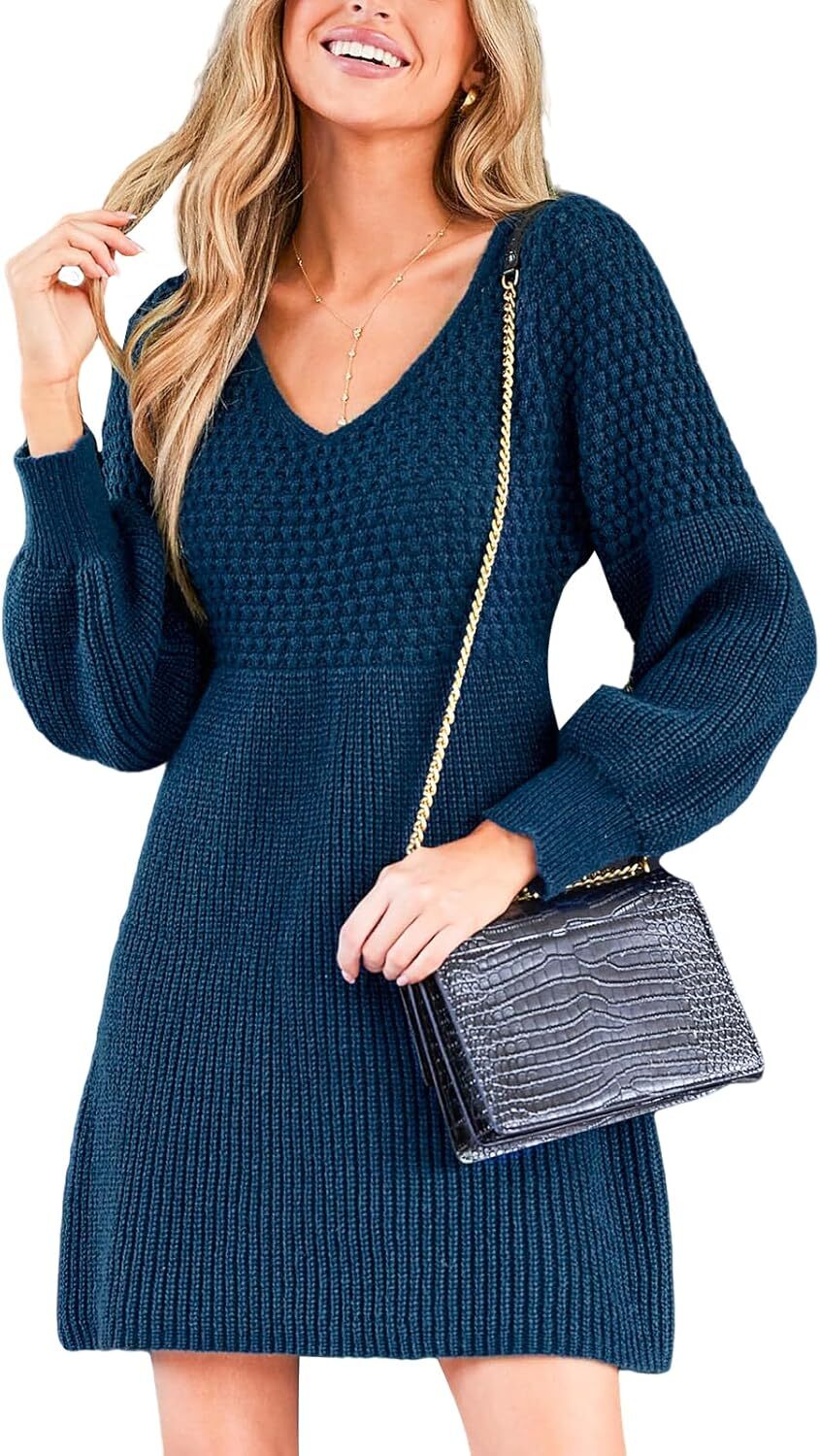 Women's Sweater Dress V Neck Honeycomb Long Sleeve Textured Fall Casual Knit Pullover Dresses