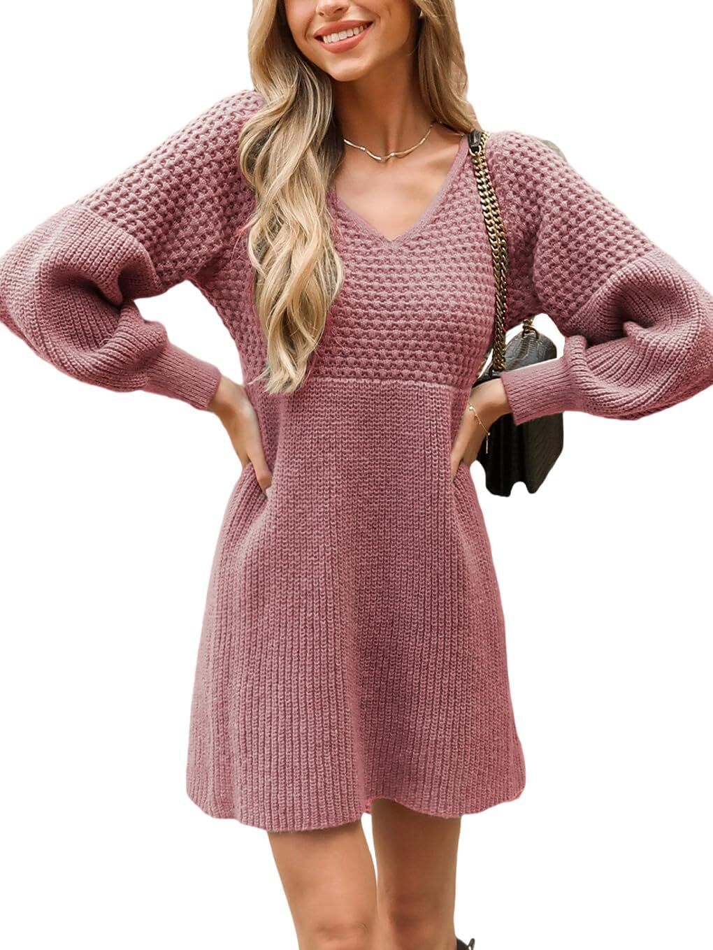 Women's Sweater Dress V Neck Honeycomb Long Sleeve Textured Fall Casual Knit Pullover Dresses