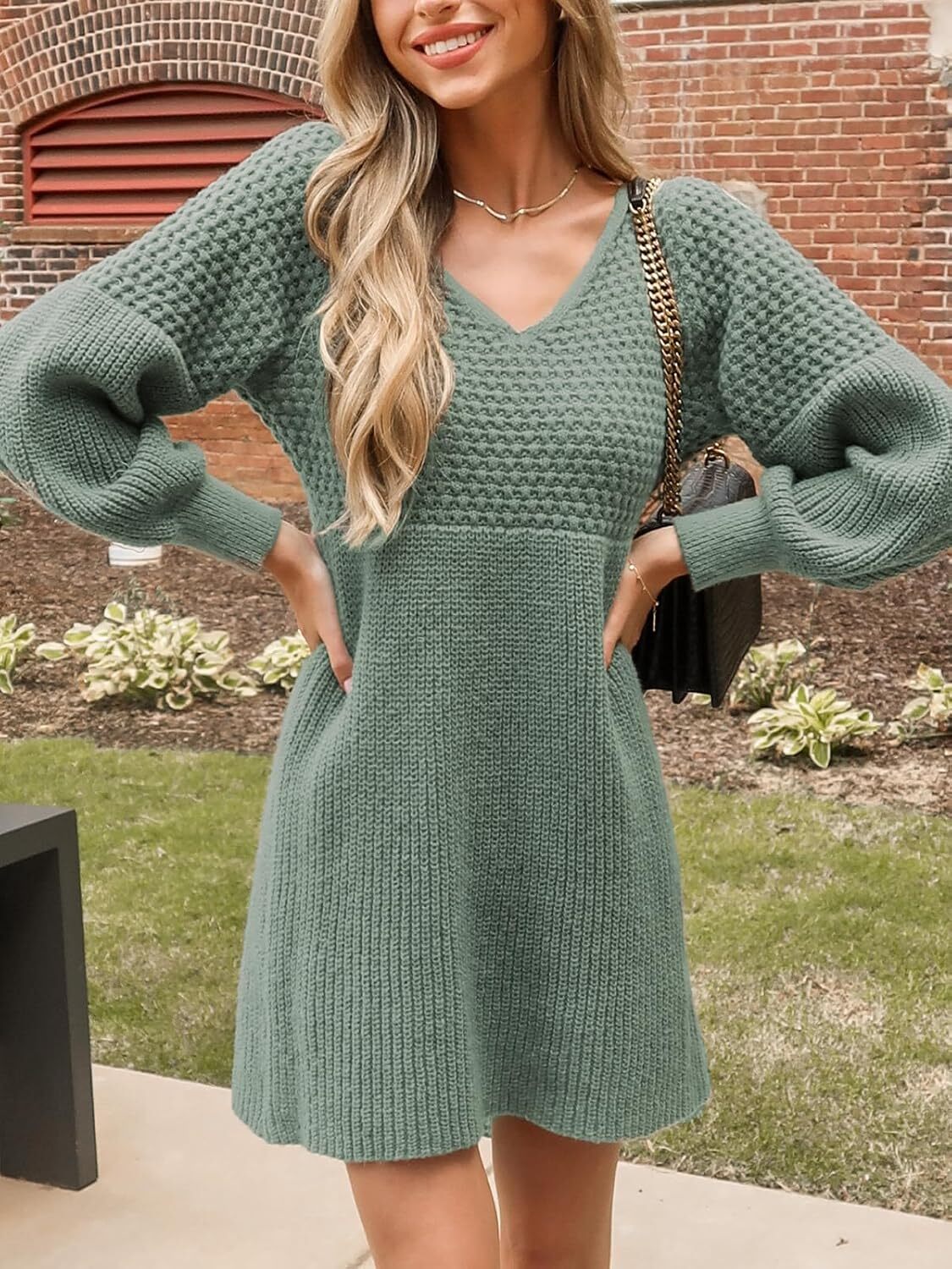Women's Sweater Dress V Neck Honeycomb Long Sleeve Textured Fall Casual Knit Pullover Dresses