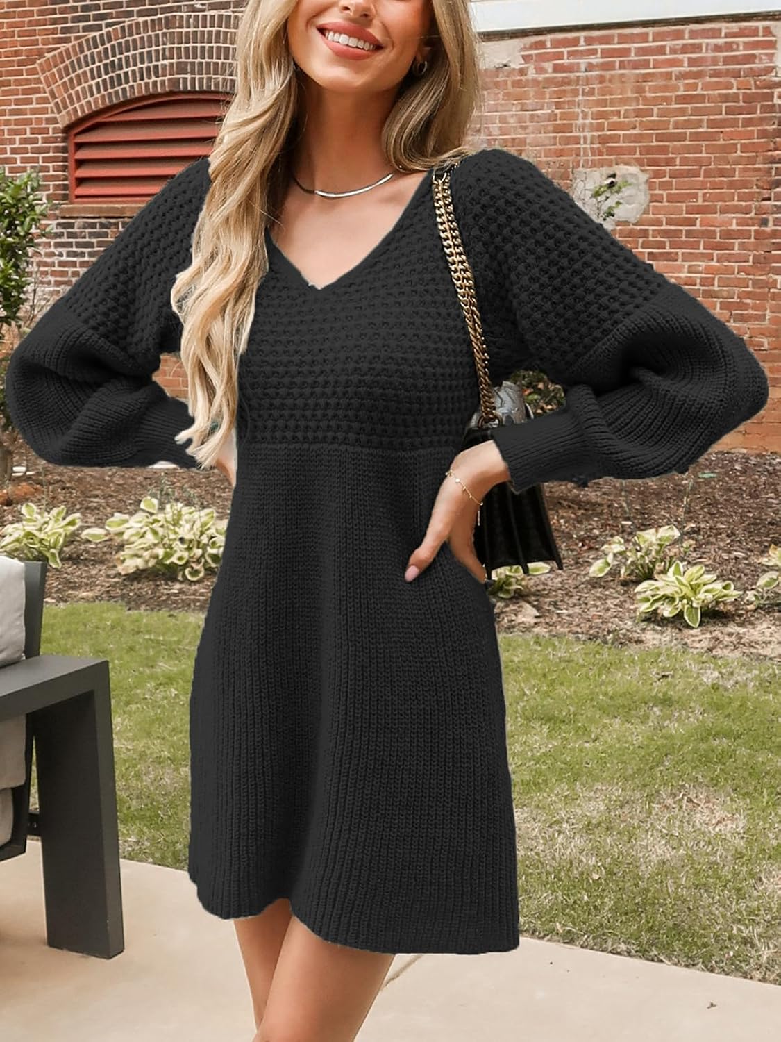 Women's Sweater Dress V Neck Honeycomb Long Sleeve Textured Fall Casual Knit Pullover Dresses