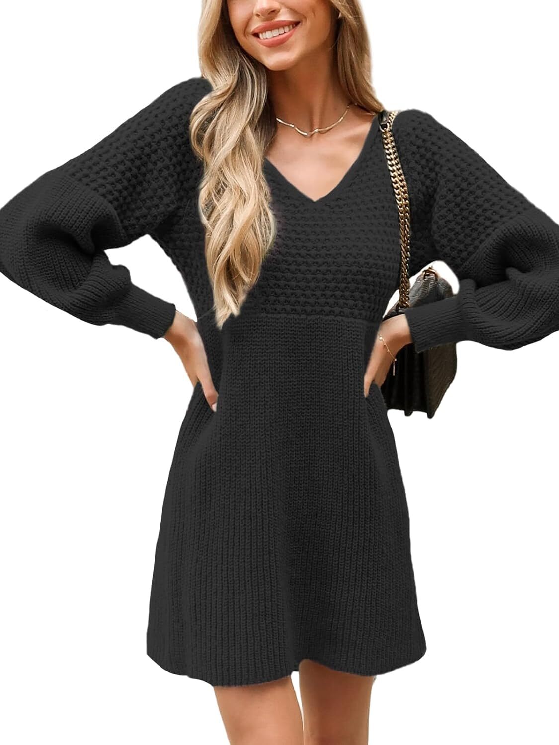 Women's Sweater Dress V Neck Honeycomb Long Sleeve Textured Fall Casual Knit Pullover Dresses