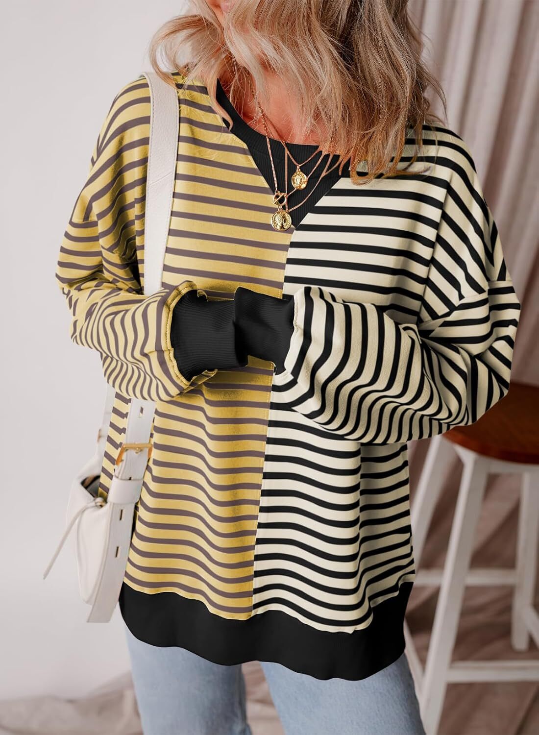 Women’s Oversized Sweatshirts Striped Color Block Crewneck Sweatshirt