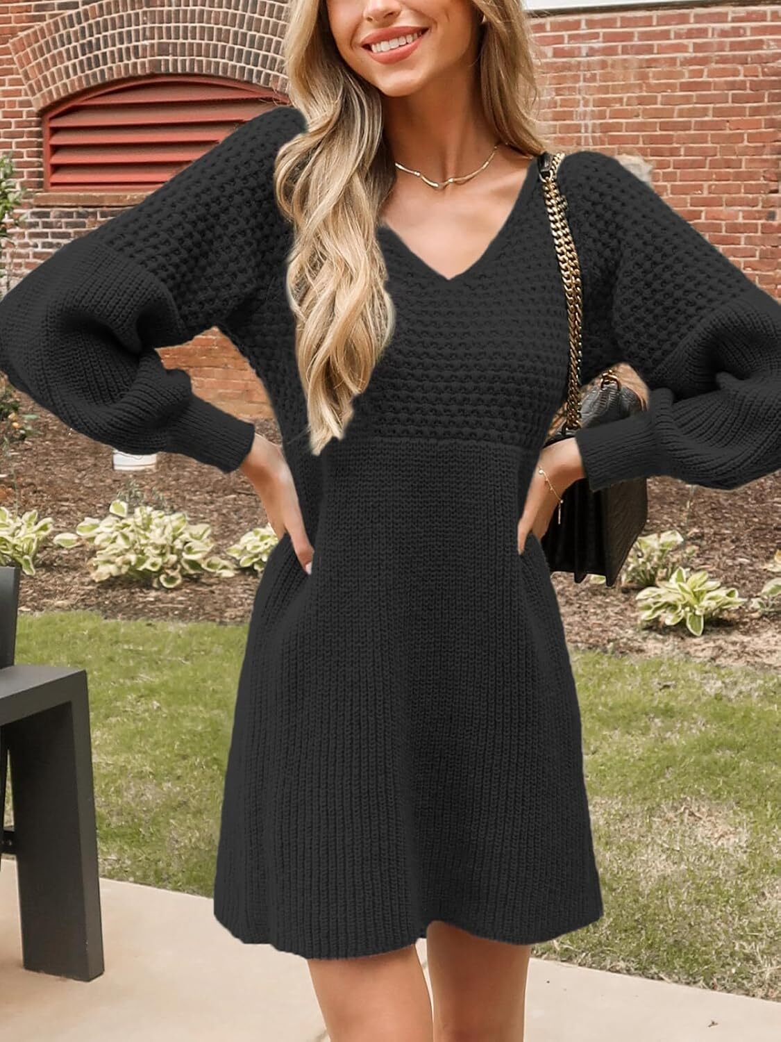 Women's Sweater Dress V Neck Honeycomb Long Sleeve Textured Fall Casual Knit Pullover Dresses