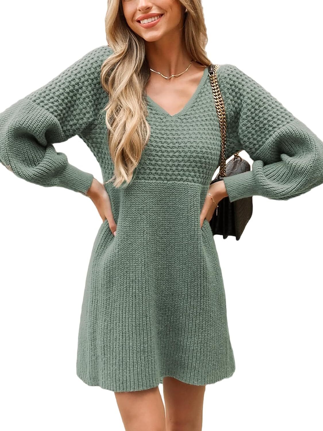 Women's Sweater Dress V Neck Honeycomb Long Sleeve Textured Fall Casual Knit Pullover Dresses