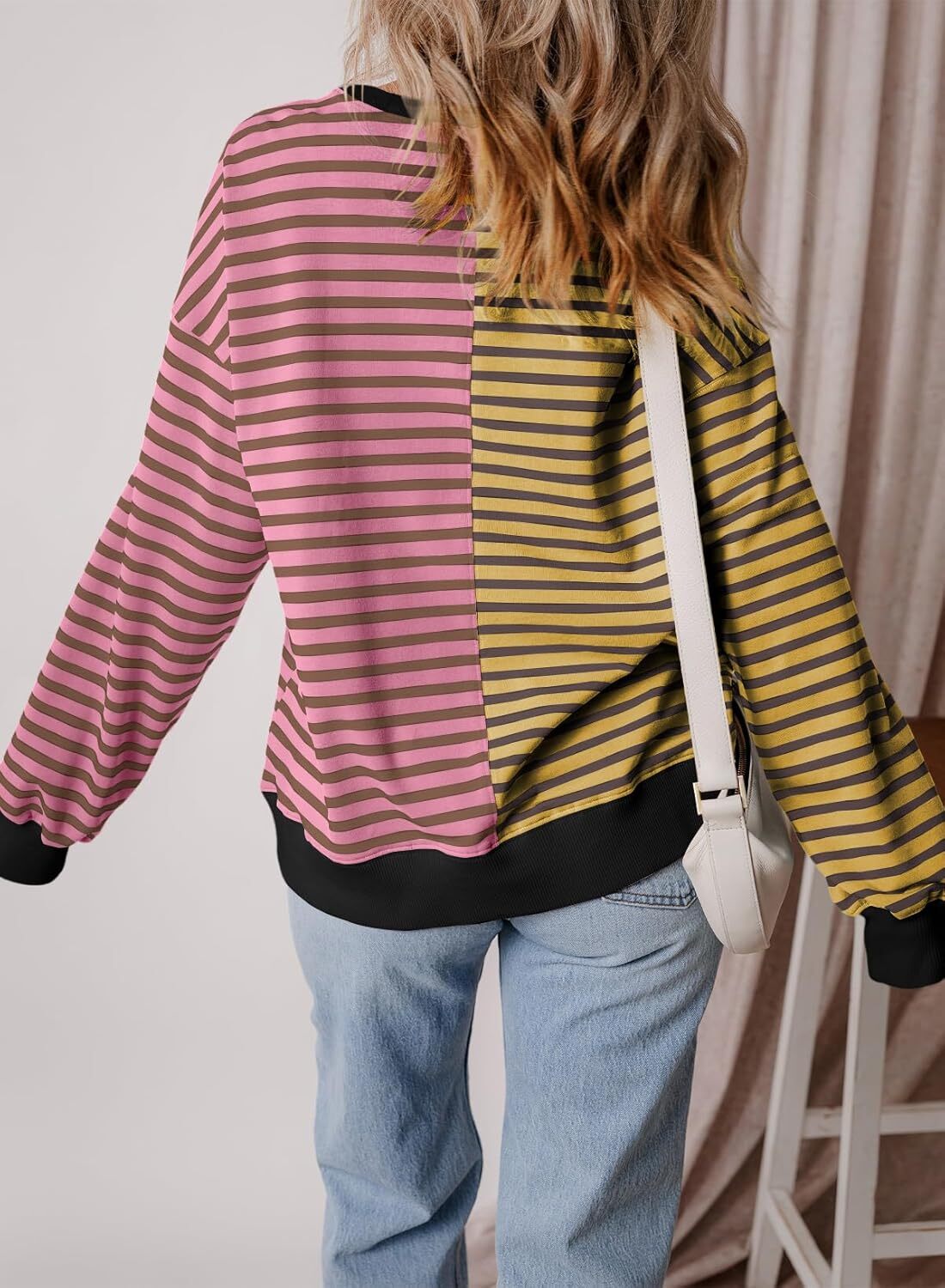 Women’s Oversized Sweatshirts Striped Color Block Crewneck Sweatshirt