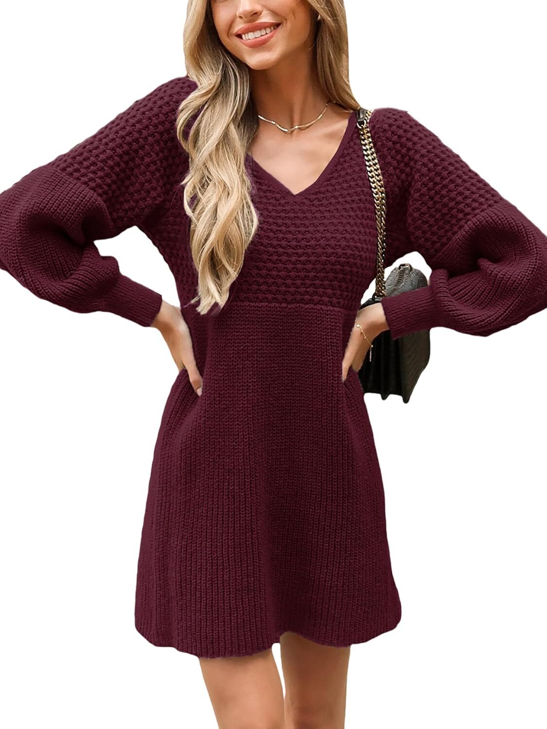 Women's Sweater Dress V Neck Honeycomb Long Sleeve Textured Fall Casual Knit Pullover Dresses
