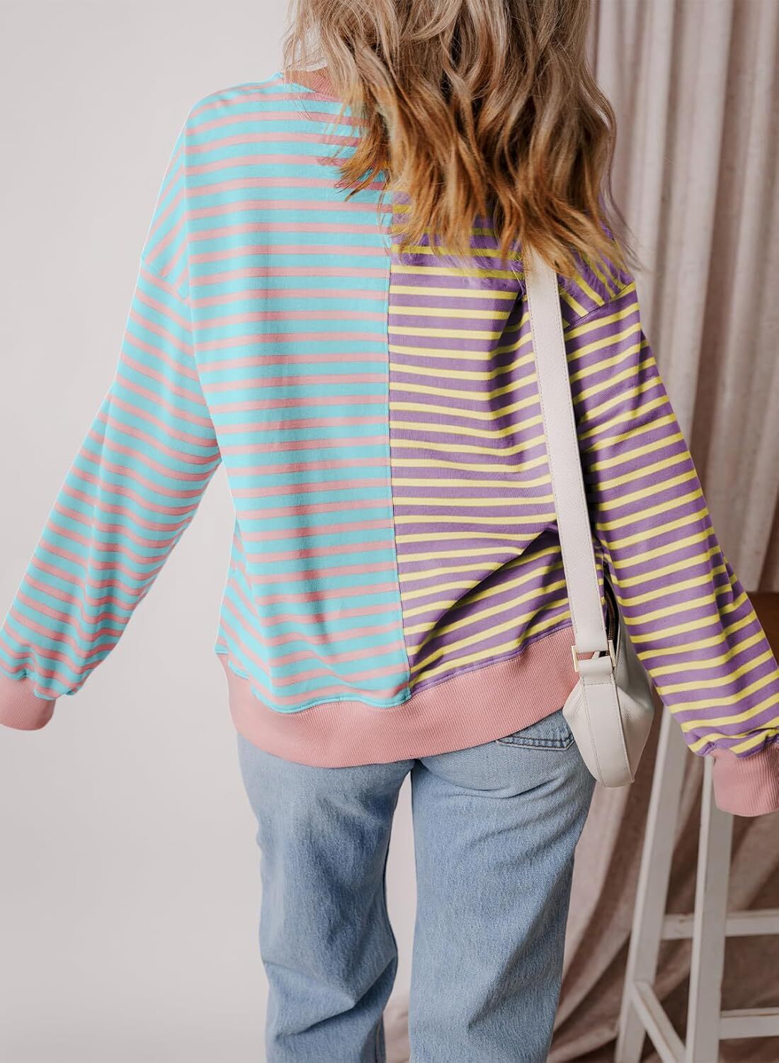 Women’s Oversized Sweatshirts Striped Color Block Crewneck Sweatshirt