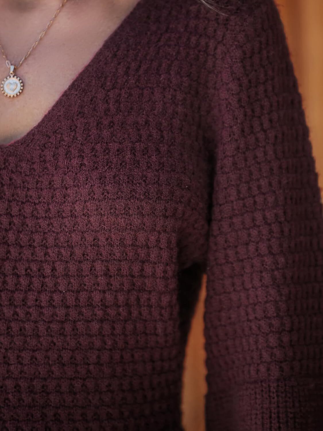 Women's Sweater Dress V Neck Honeycomb Long Sleeve Textured Fall Casual Knit Pullover Dresses