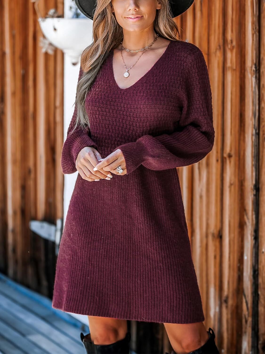 Women's Sweater Dress V Neck Honeycomb Long Sleeve Textured Fall Casual Knit Pullover Dresses