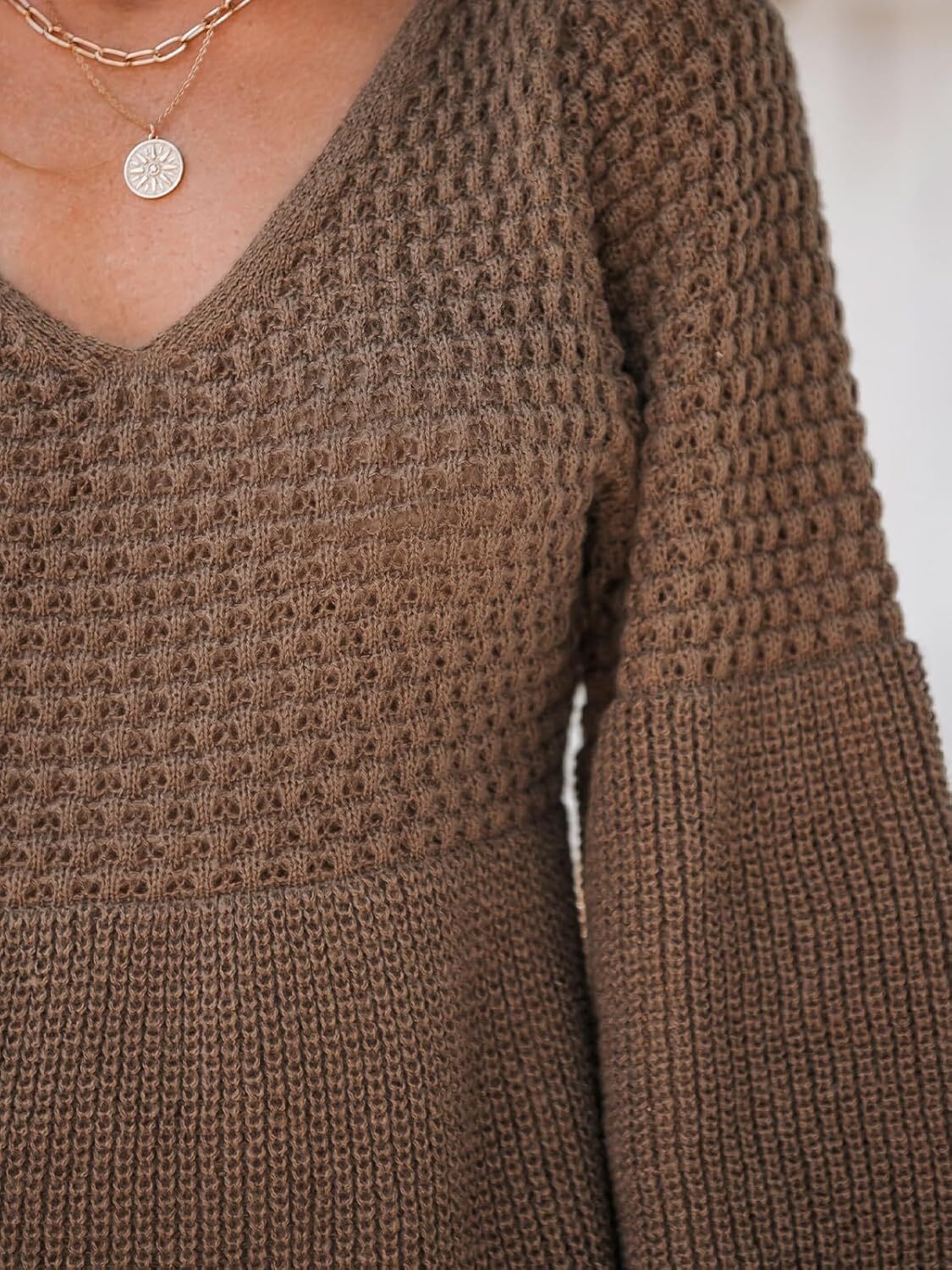 Women's Sweater Dress V Neck Honeycomb Long Sleeve Textured Fall Casual Knit Pullover Dresses