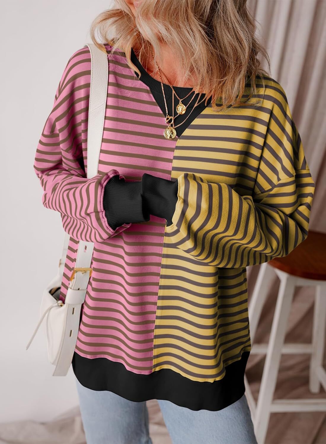 Women’s Oversized Sweatshirts Striped Color Block Crewneck Sweatshirt