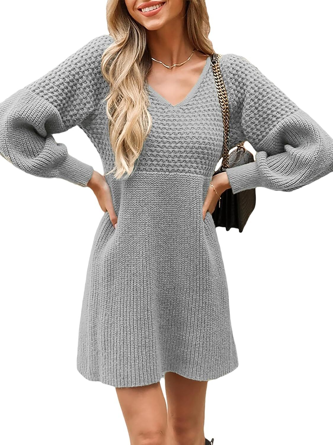 Women's Sweater Dress V Neck Honeycomb Long Sleeve Textured Fall Casual Knit Pullover Dresses