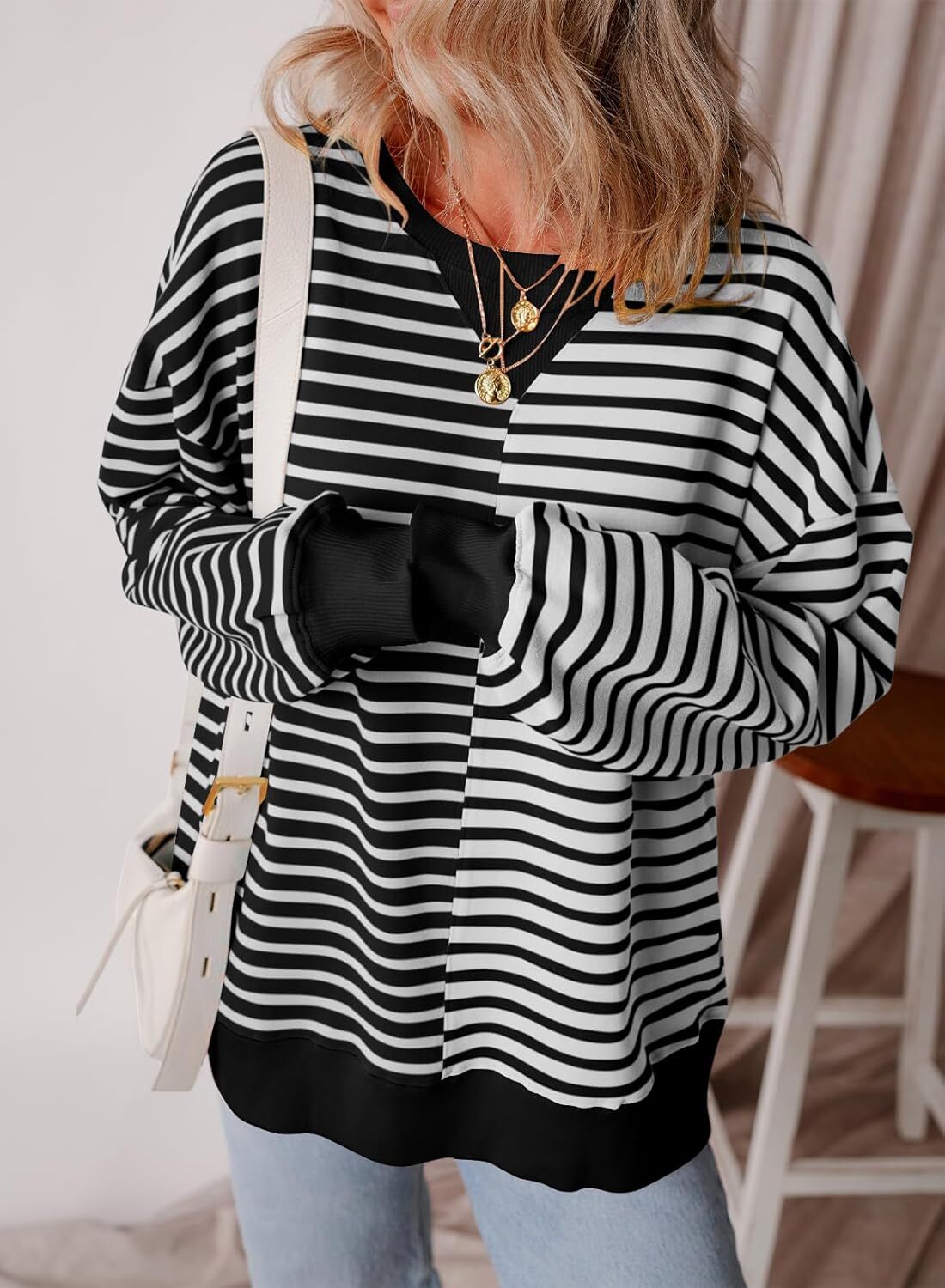 Women’s Oversized Sweatshirts Striped Color Block Crewneck Sweatshirt