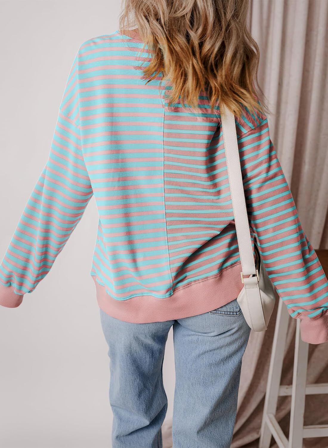 Women’s Oversized Sweatshirts Striped Color Block Crewneck Sweatshirt