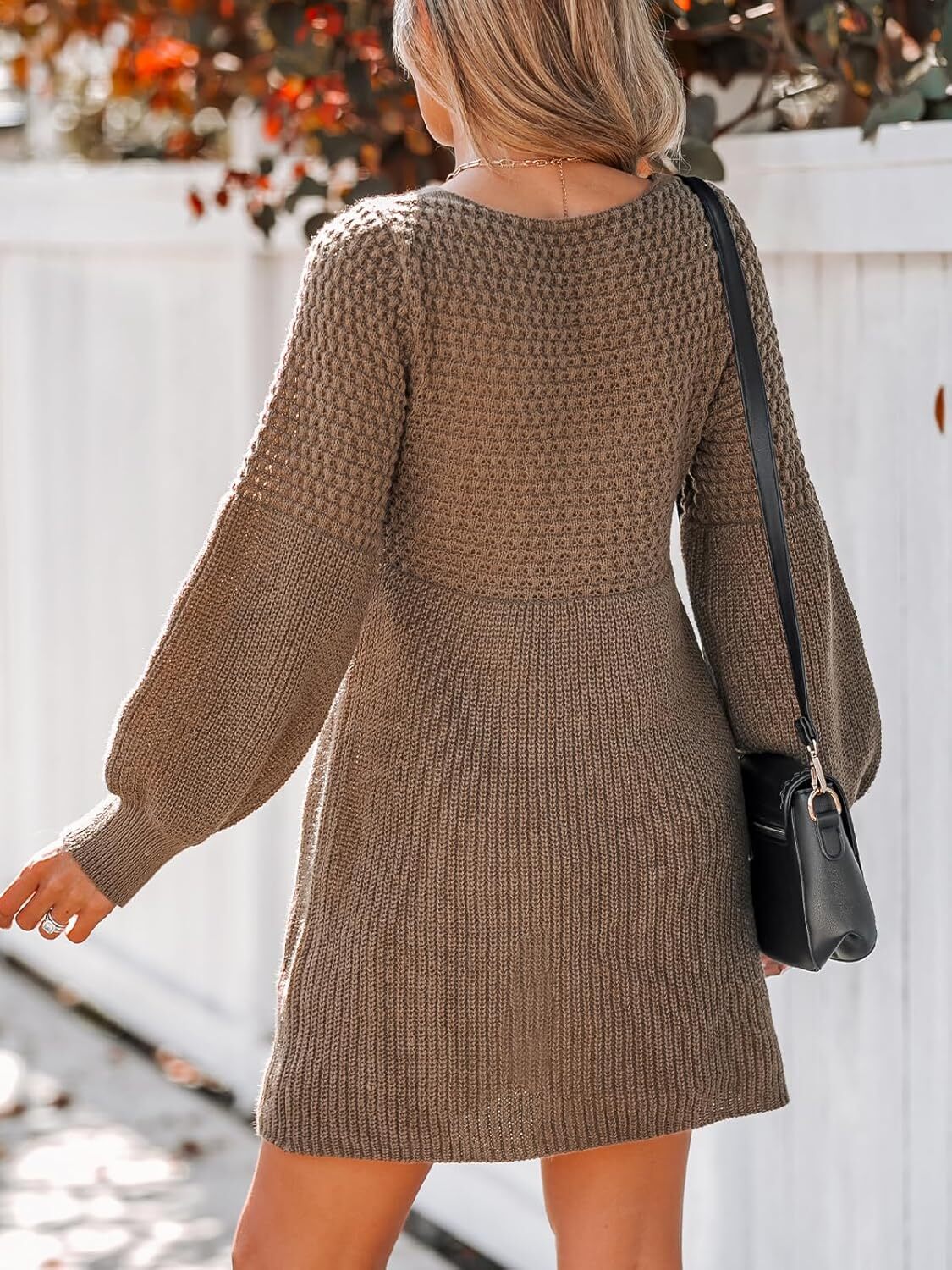 Women's Sweater Dress V Neck Honeycomb Long Sleeve Textured Fall Casual Knit Pullover Dresses