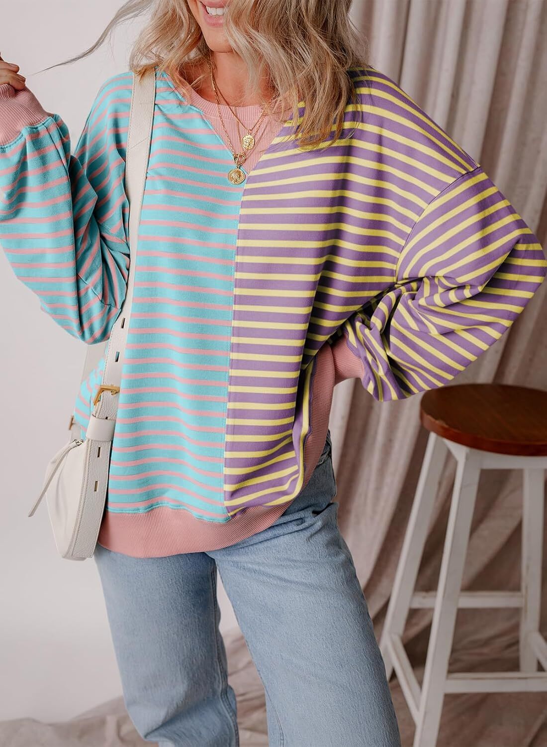 Women’s Oversized Sweatshirts Striped Color Block Crewneck Sweatshirt