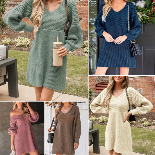 Women's Sweater Dress V Neck Honeycomb Long Sleeve Textured Fall Casual Knit Pullover Dresses