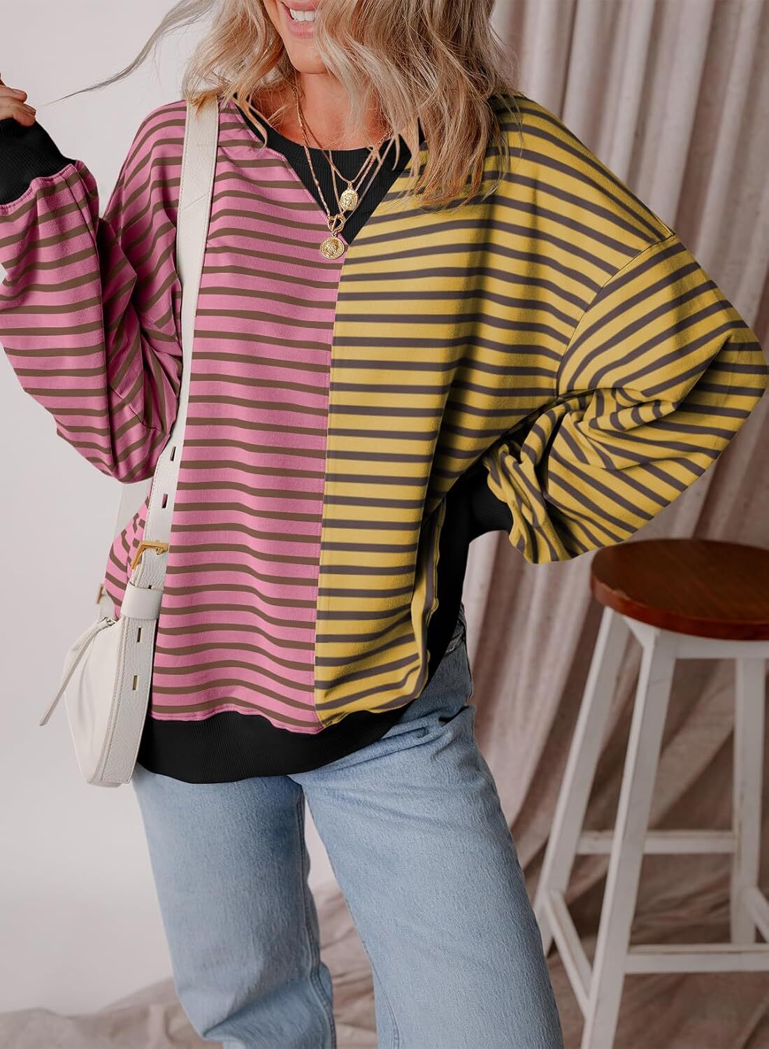 Women’s Oversized Sweatshirts Striped Color Block Crewneck Sweatshirt