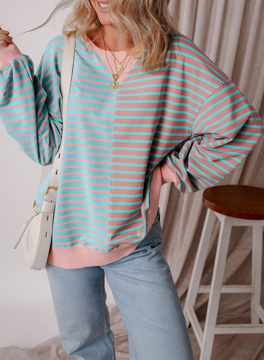 Women’s Oversized Sweatshirts Striped Color Block Crewneck Sweatshirt