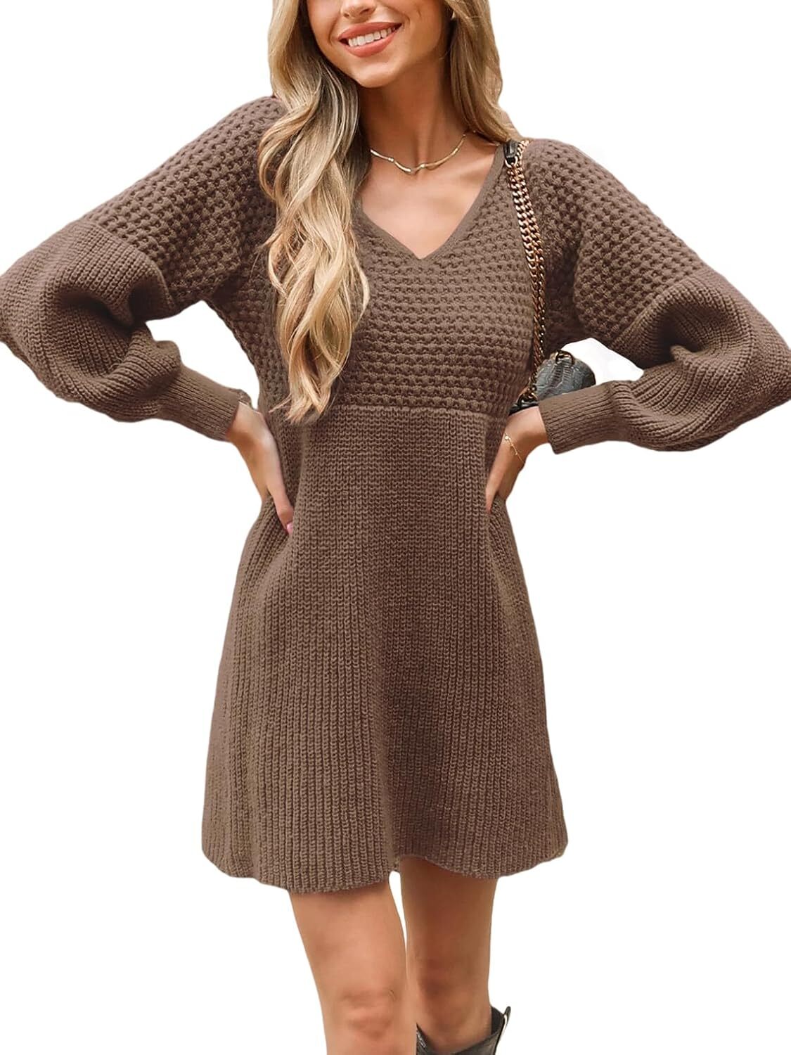 Women's Sweater Dress V Neck Honeycomb Long Sleeve Textured Fall Casual Knit Pullover Dresses