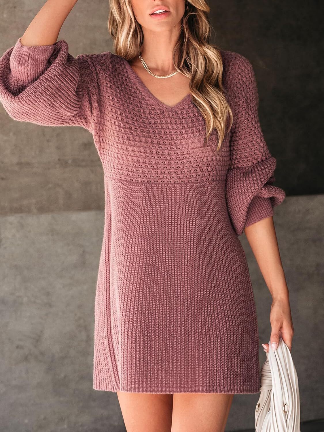 Women's Sweater Dress V Neck Honeycomb Long Sleeve Textured Fall Casual Knit Pullover Dresses