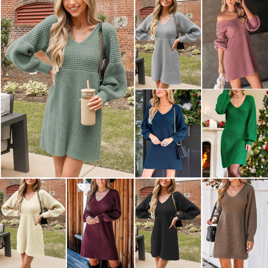 Women's Sweater Dress V Neck Honeycomb Long Sleeve Textured Fall Casual Knit Pullover Dresses