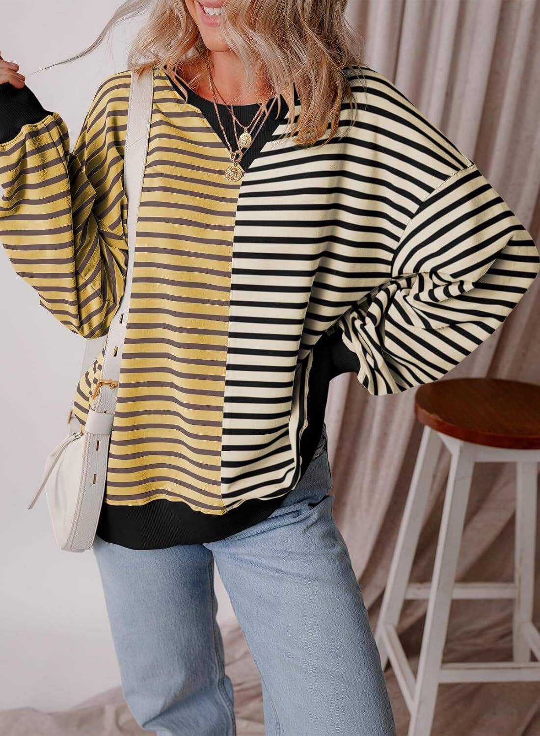 Women’s Oversized Sweatshirts Striped Color Block Crewneck Sweatshirt