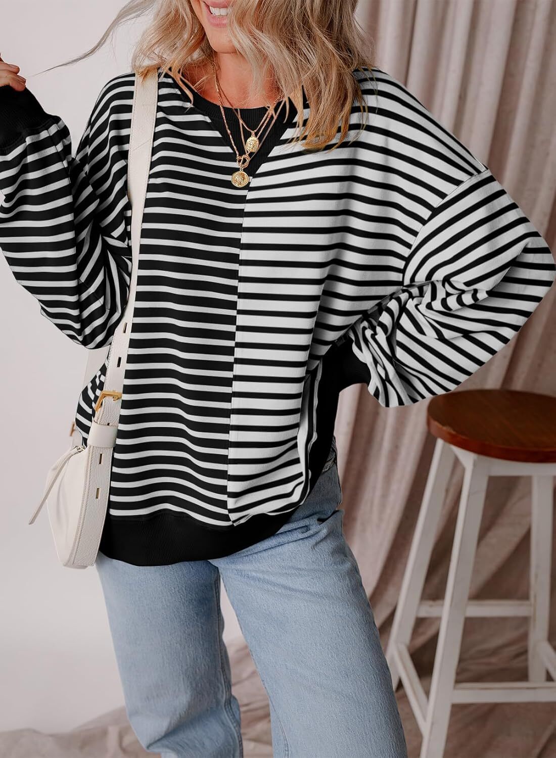 Women’s Oversized Sweatshirts Striped Color Block Crewneck Sweatshirt