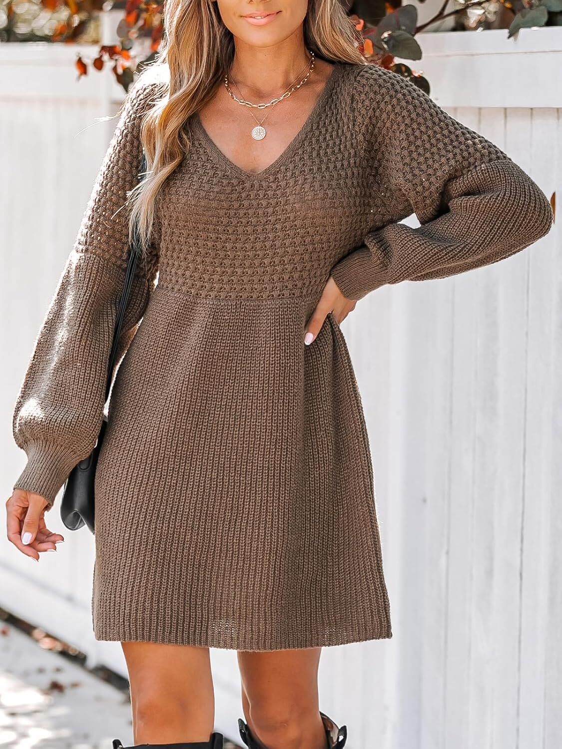 Women's Sweater Dress V Neck Honeycomb Long Sleeve Textured Fall Casual Knit Pullover Dresses