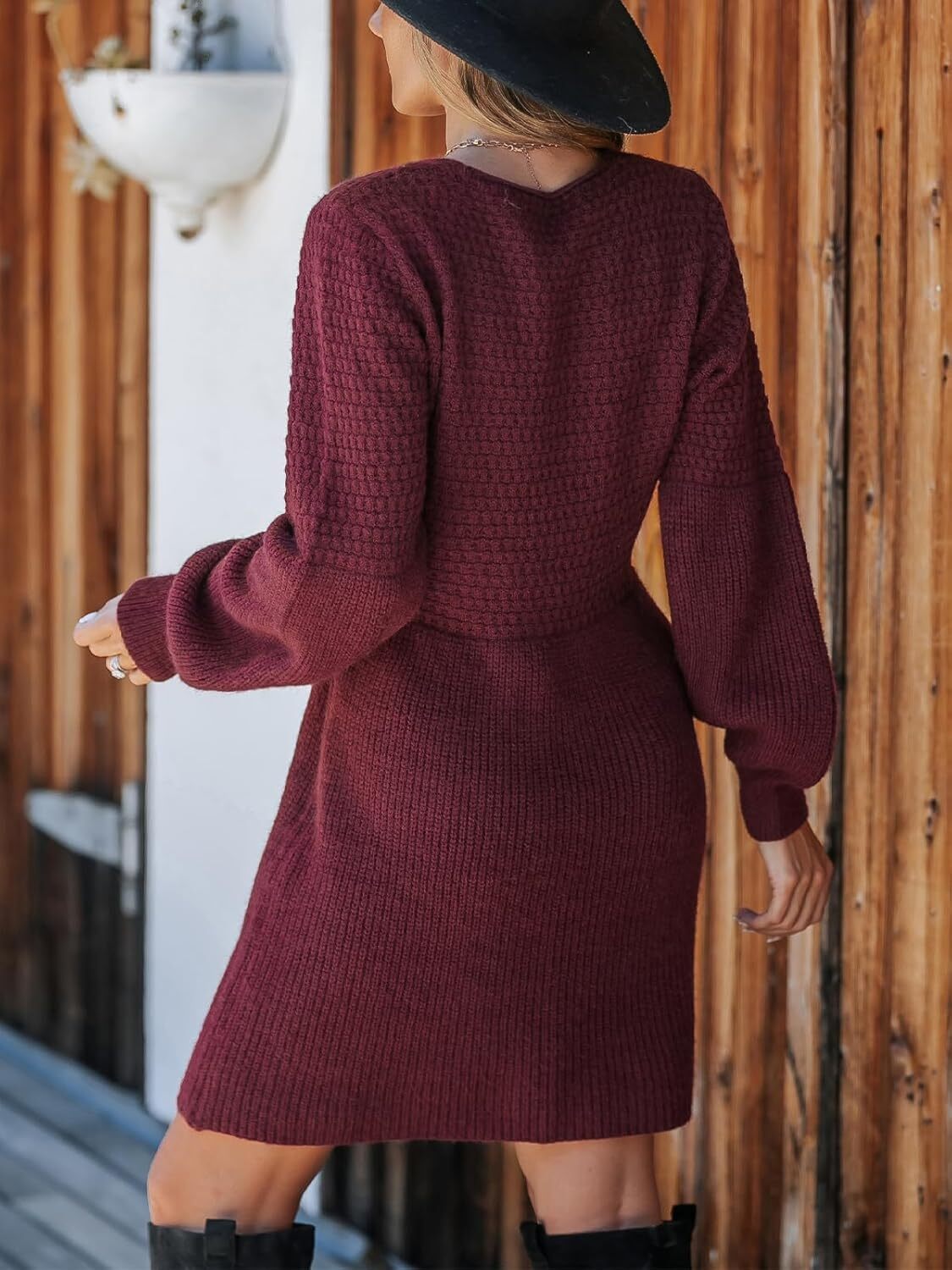 Women's Sweater Dress V Neck Honeycomb Long Sleeve Textured Fall Casual Knit Pullover Dresses