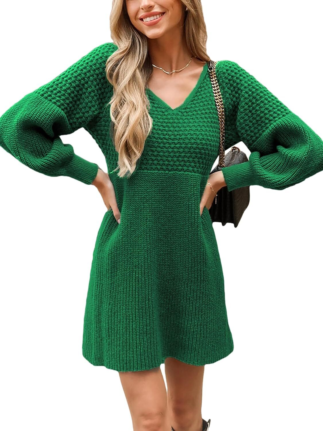 Women's Sweater Dress V Neck Honeycomb Long Sleeve Textured Fall Casual Knit Pullover Dresses
