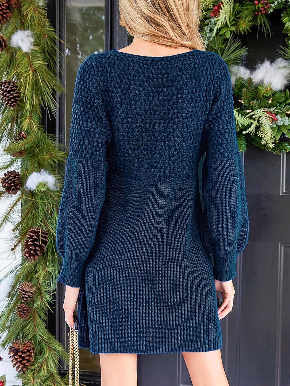 Women's Sweater Dress V Neck Honeycomb Long Sleeve Textured Fall Casual Knit Pullover Dresses